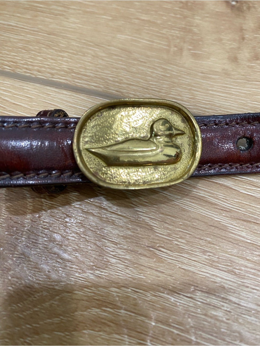 Vintage Solid Brass Mallard Duck Leather Belt Women’s Size 30 Preppy Americana - Picture 2 of 8